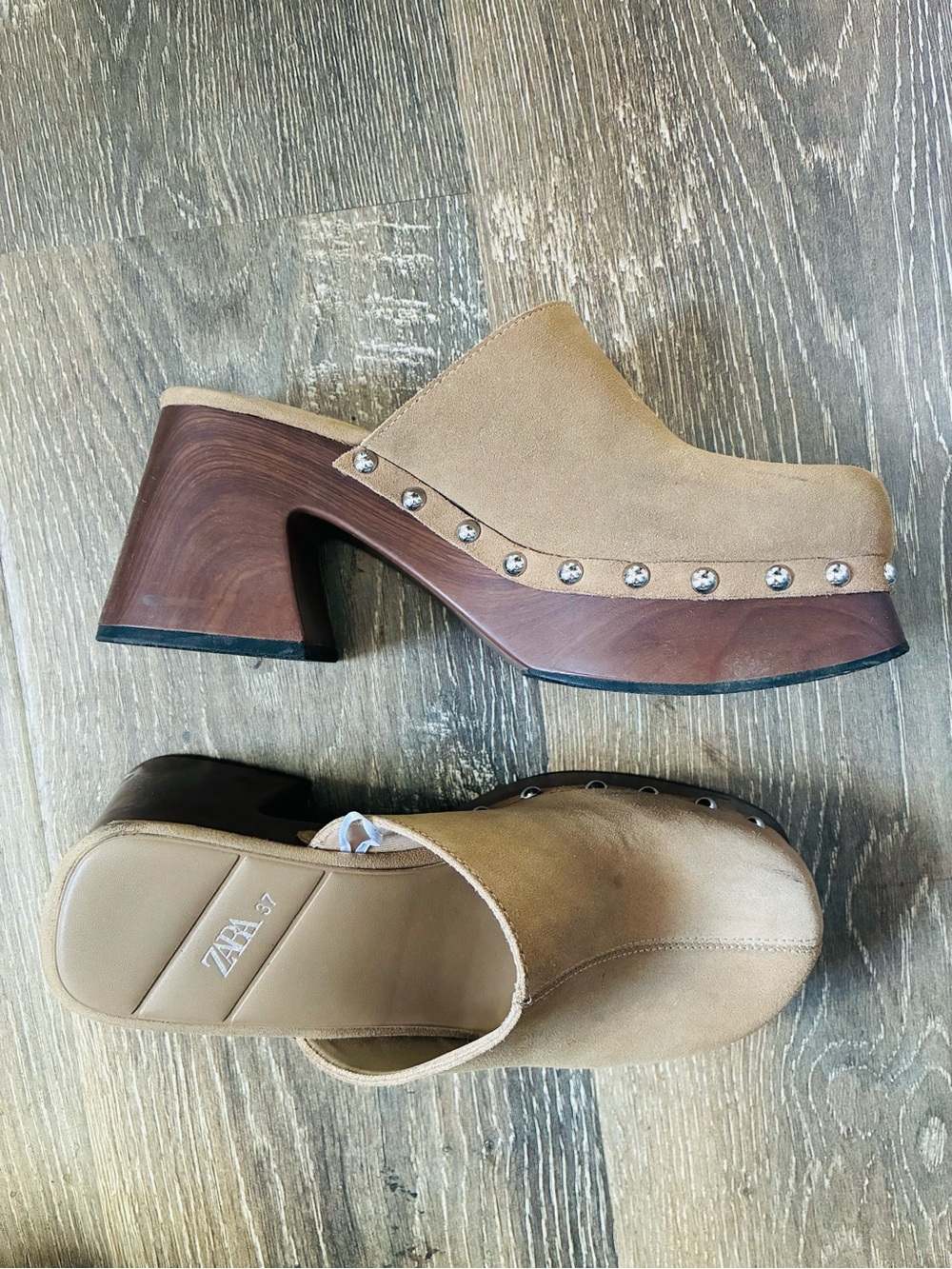Zara Tan Suede Studded Wooden Platform Mules